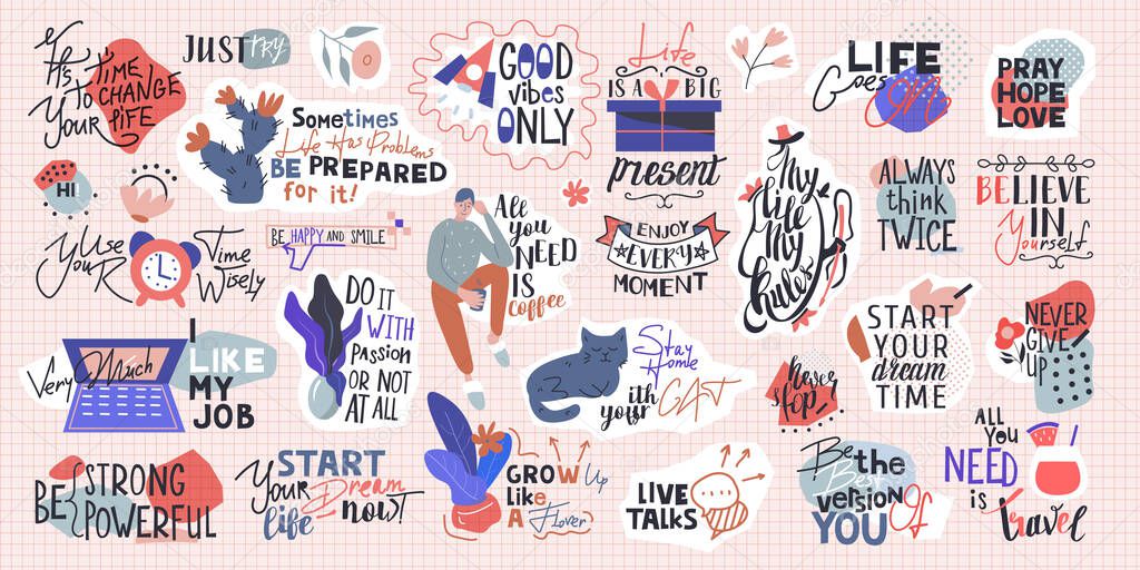 A big set of 27 stickers. Motivational phrases and quotes about office life, work, passion and etc. Handwritten lettering for design production, banners, booklets. In retro style, vector illustration.