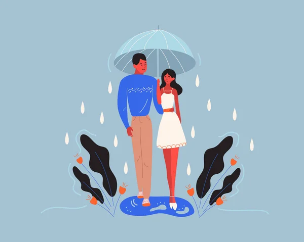 Pasangan Muda Berjalan Bawah Payung Saat Hujan Ilustrasi Dihiasi Dengan - Stok Vektor