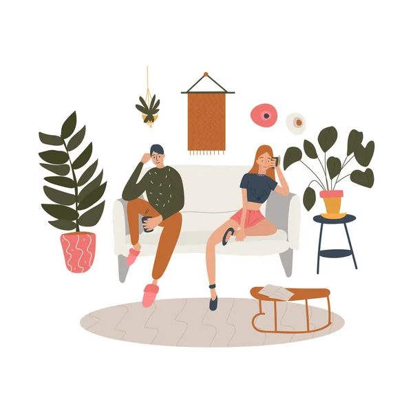 Sitzendes Paar Einem Mit Pflanzen Und Möbeln Dekorierten Wohnzimmer Geschäfts — Stockvektor