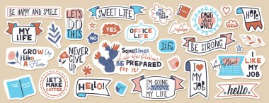 Büyük motivasyon cümleleri, alıntılar ve çıkartmalar. 33 nesne. Her tasarım üretimi için el yazısıyla yazılmış kelimeler.