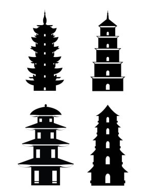 Geleneksel Japon Mimari Tarzı Tapınak Pagoda Seti 'nin Siyah Silueti