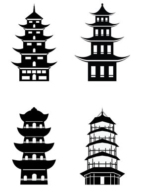 Geleneksel Japon Mimari Tarzı Tapınak Pagoda Seti 'nin Siyah Silueti