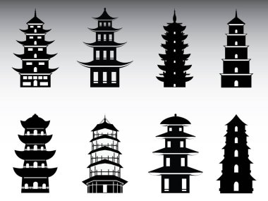 Geleneksel Japon Mimari Tarzı Tapınak Pagoda Seti 'nin Siyah Silueti