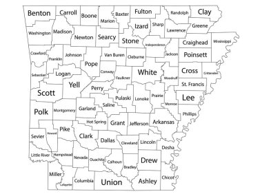 White Outline Counties Map With Counties Names of US State of Arkansas clipart