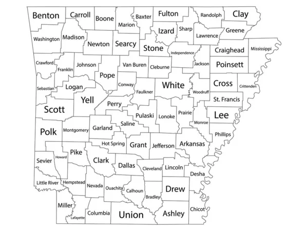 White Outline Counties Map Med Län Namn Amerikanska Delstaten Arkansas — Stock vektor