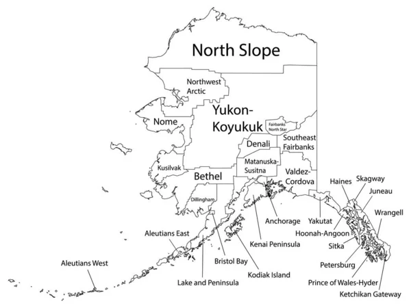 White Outline Boroughs Map Boroughs Names State Alaska — Stock Vector