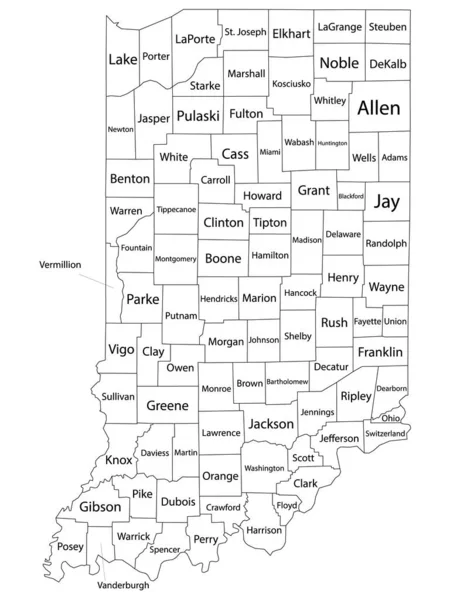 White Outline Counties Map Mit Counties Namen Des Bundesstaates Indiana — Stockvektor