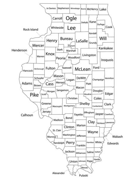 White Outline Counties Map Counties Names State Illinois — стоковий вектор