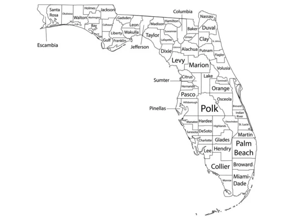 Mapa Bílých Obrysů Okresy Názvy Států Usa Florida — Stockový vektor