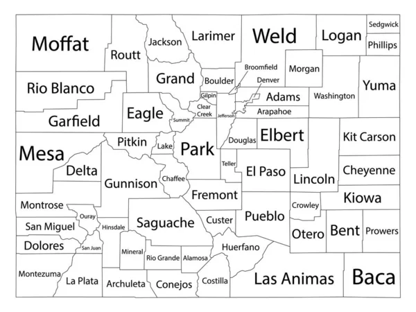 White Outline Counties Map Counties Names State Colorado — 스톡 벡터