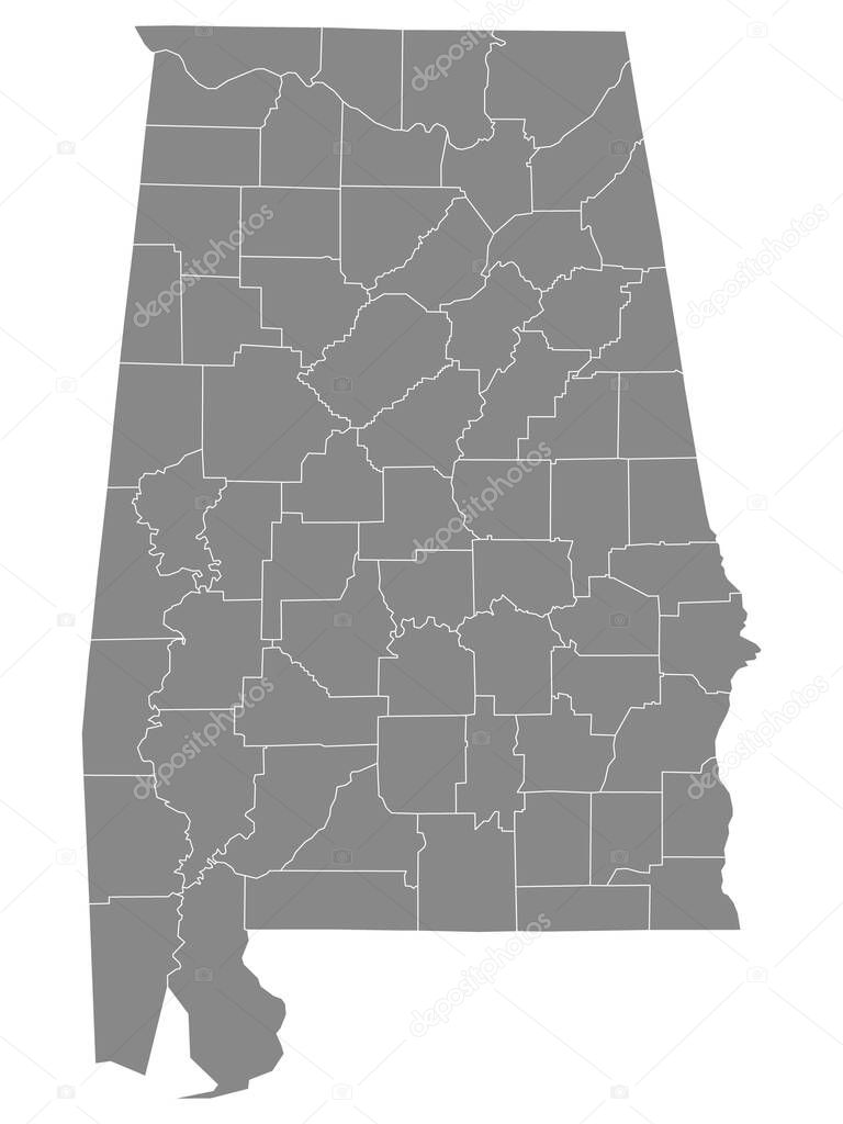 Gray Outline Counties Map of US State of Alabama