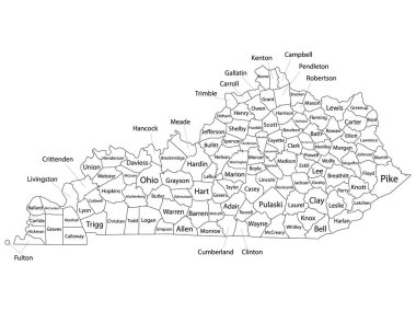 White Outline Boroughs Map With Boroughs Names of US State of Kentucky clipart