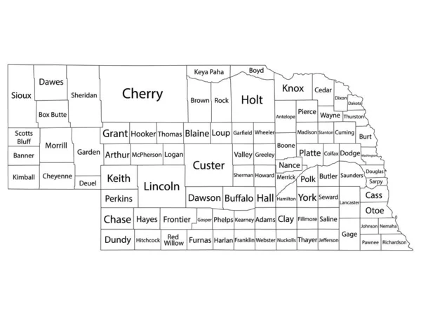 White Outline Counties Map Counties Names State Nebraska — Stock Vector
