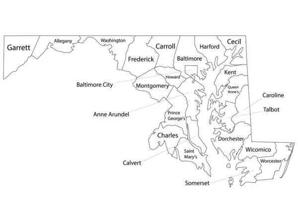 White Outline Boroughs Map Boroughs Names State Maryland — 스톡 벡터