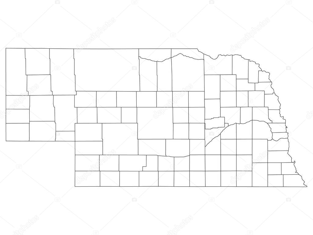 White Outline Counties Map of US State of Nebraska