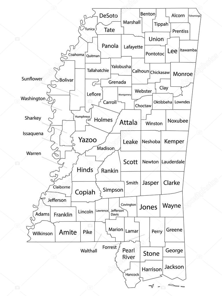 White Outline Counties Map With Counties Names of US State of Mississippi