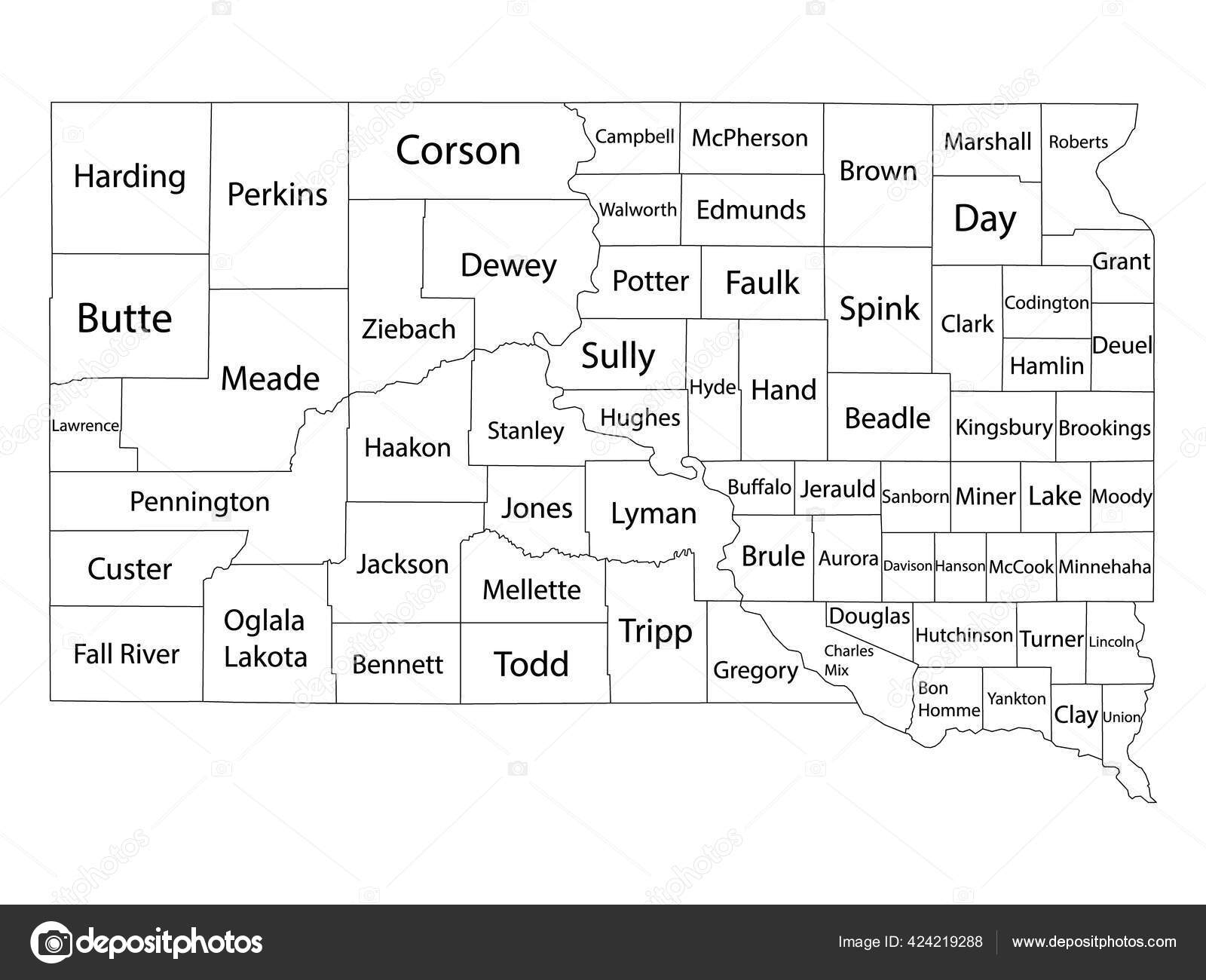 ホワイトアウトライン郡地図サウスダコタ州の郡名を含む Stock Vector by ©momcilo.jovanov 424219288