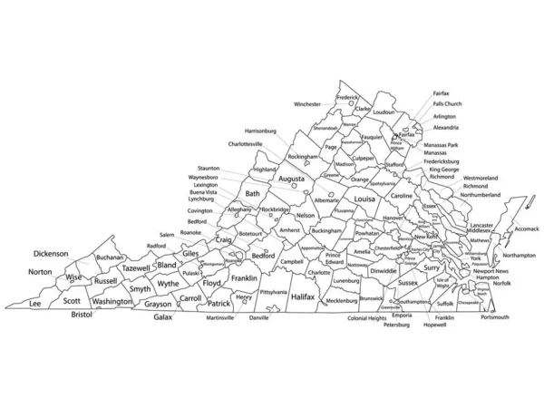 Bílé Obrysy Krajů Mapa Krajskými Názvy Státu Virginie — Stockový vektor