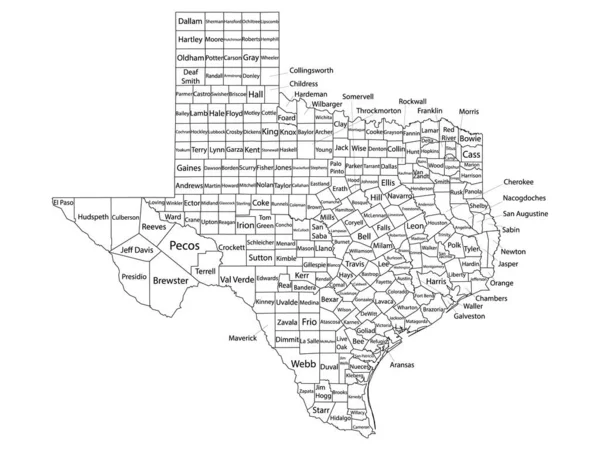 White Outline Counties Map Mit Counties Namen Des Bundesstaates Texas — Stockvektor