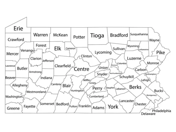 White Outline Counties Map Mit Counties Namen Des Bundesstaates Pennsylvania — Stockvektor