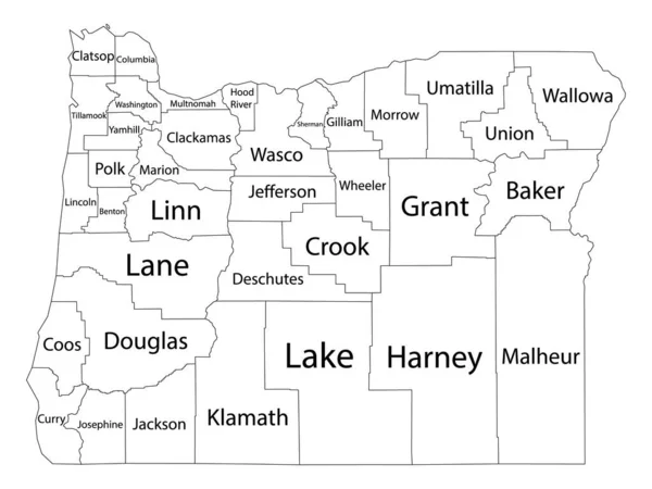 White Outline Counties Map Med Län Namn Den Amerikanska Delstaten — Stock vektor