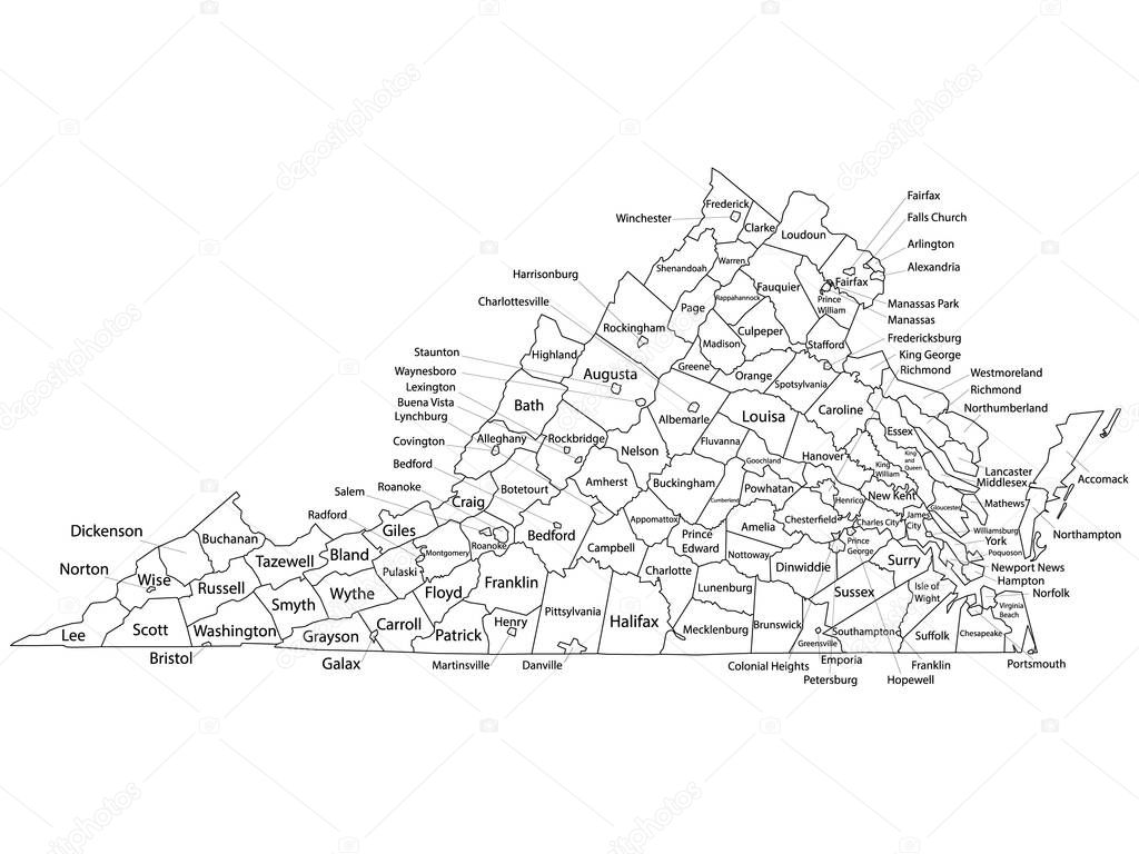 White Outline Counties Map With Counties Names of US State of Virginia