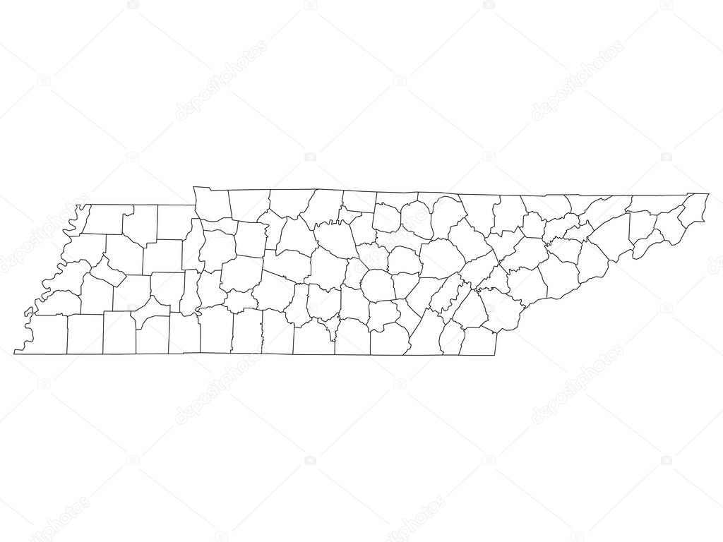 White Outline Counties Map of US State of Tennessee