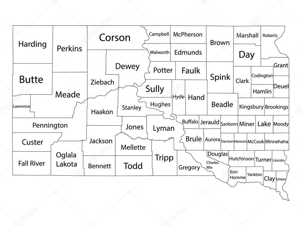 White Outline Counties Map With Counties Names of US State of South Dakota