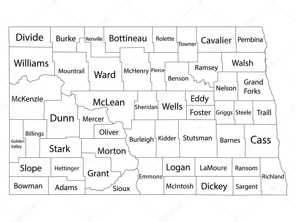 White Outline Counties Map With Counties Names of US State of North Dakota