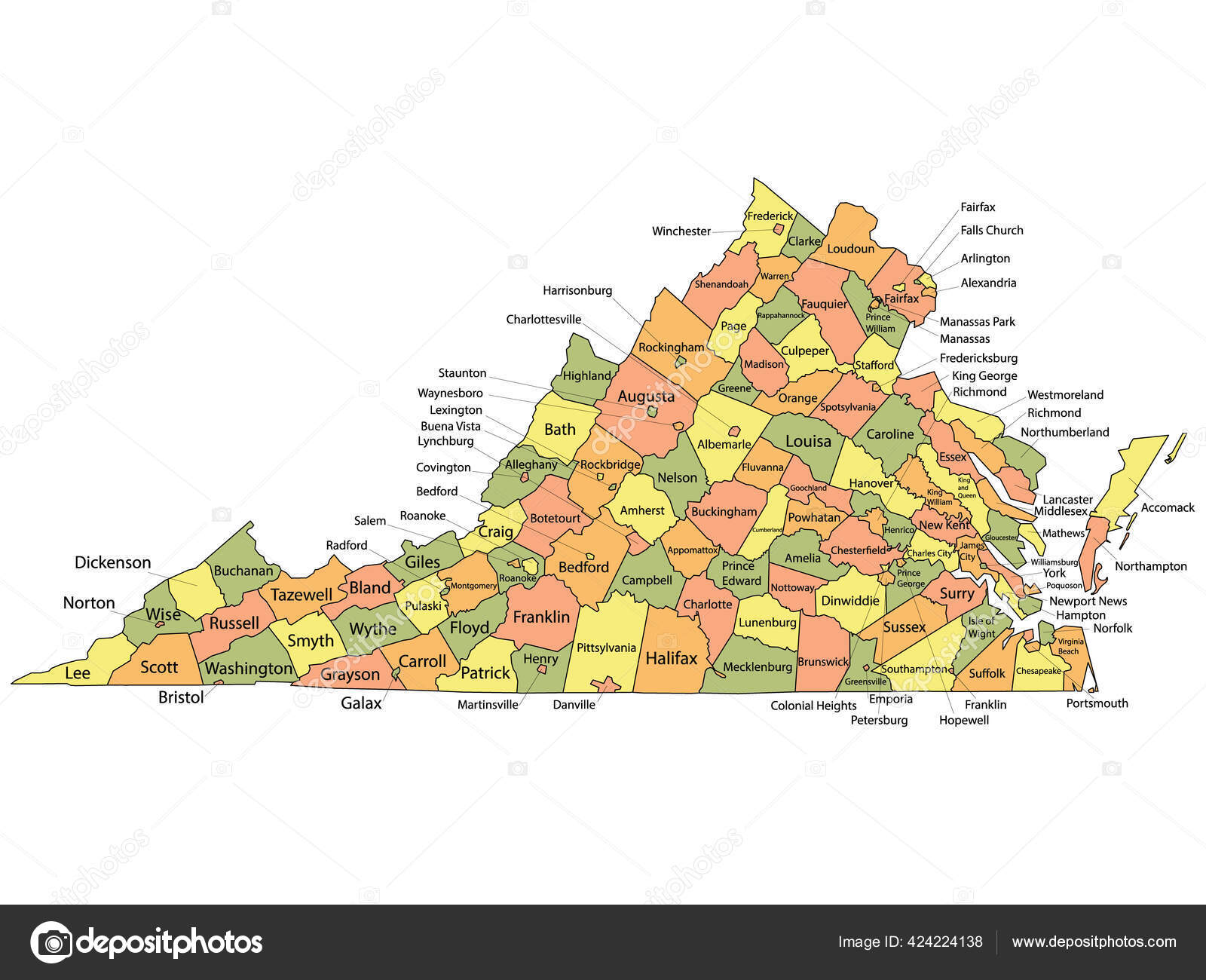 Virginia State Map With Counties Virginia Counties Map Vector Art Stock Images | Depositphotos