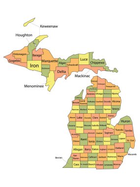 ABD Federal Eyaleti Michigan 'ın Renkli İlçe Haritası