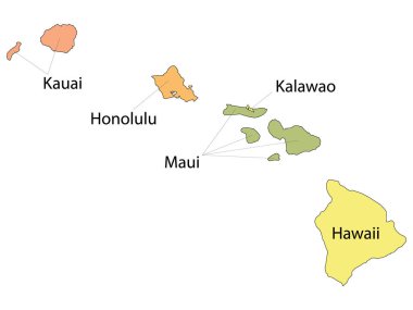 ABD Federal Hawaii Eyaleti 'nin Konsey İsimleriyle Renkli İlçe Haritası