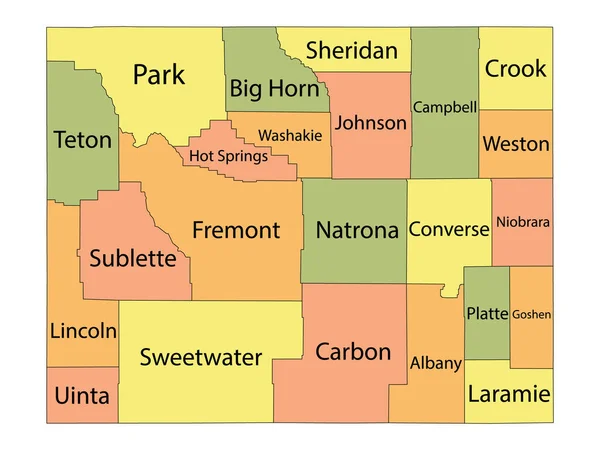 Colorful County Map Counties Names Federal State Wyoming — Stock Vector