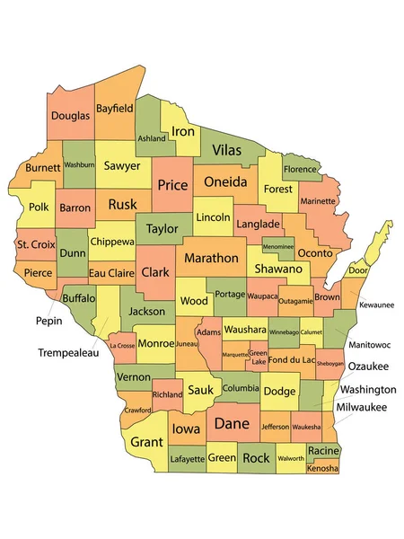 ウィスコンシン州の郡名を持つカラフルな郡地図 — ストックベクタ
