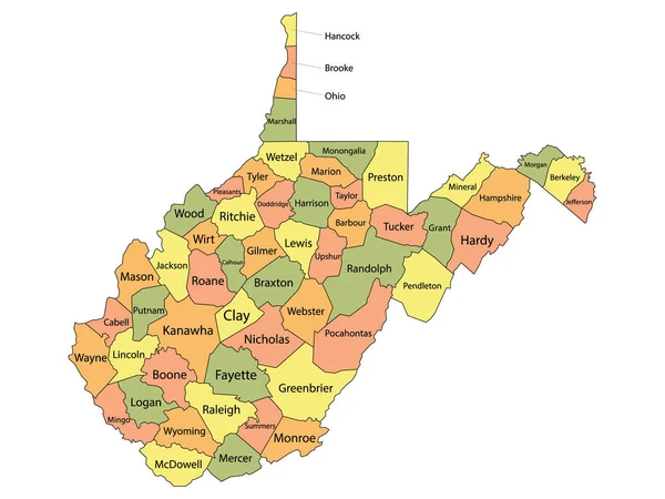 Kolorowa Mapa Hrabstwa Nazwami Hrabstw Federalnego Stanu Wirginia Zachodnia — Wektor stockowy