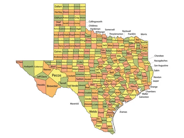 Färgglada Länskarta Med Län Namn Den Amerikanska Delstaten Texas — Stock vektor