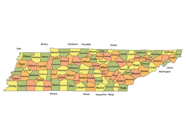ABD Federal Tennessee Eyaleti 'nin Konsey İsimleriyle Renkli İlçe Haritası