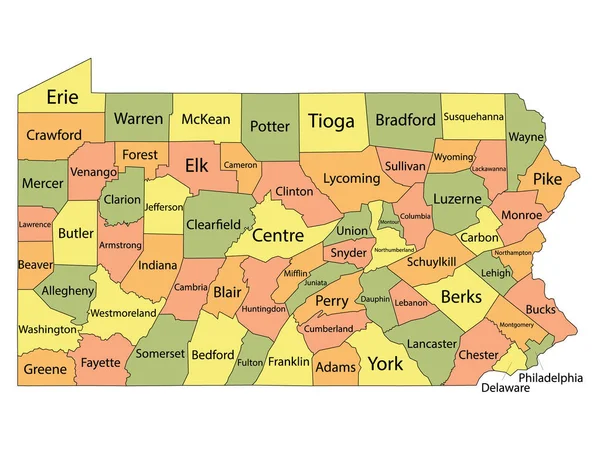 Färgglada Länskarta Med Län Namn Den Amerikanska Delstaten Pennsylvania — Stock vektor