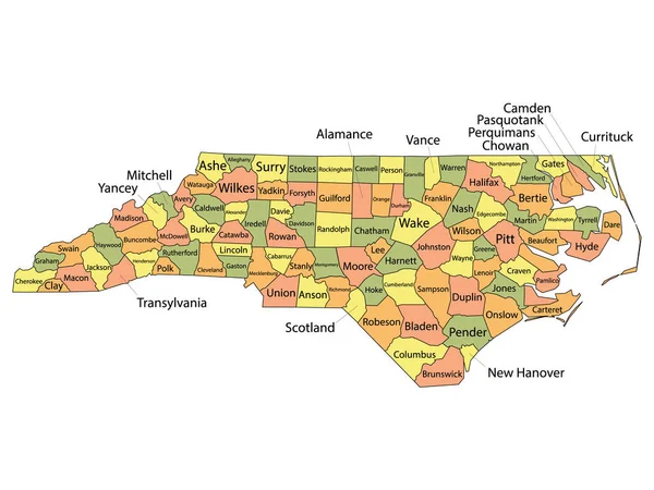 ノースカロライナ州の郡名を持つカラフルな郡地図 — ストックベクタ