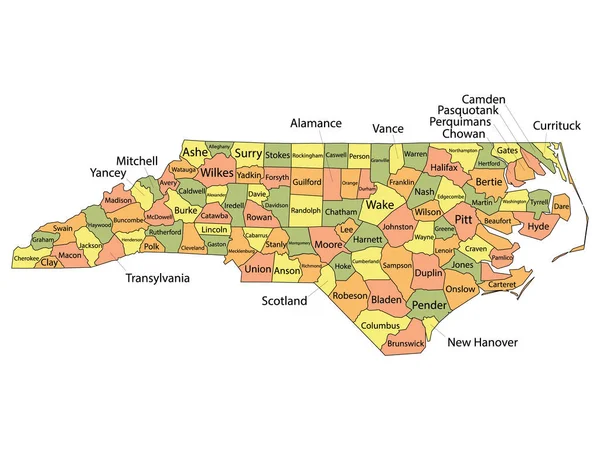 Colorful County Map Counties Names Federal State North Carolina — Stock Vector