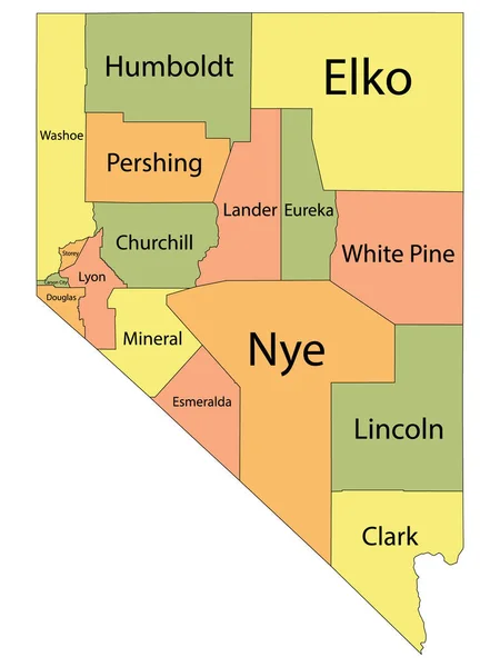 ネバダ州の郡名を持つカラフルな郡地図 — ストックベクタ