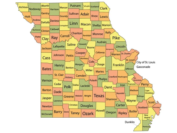 ミズーリ州の郡名を持つカラフルな郡地図 — ストックベクタ