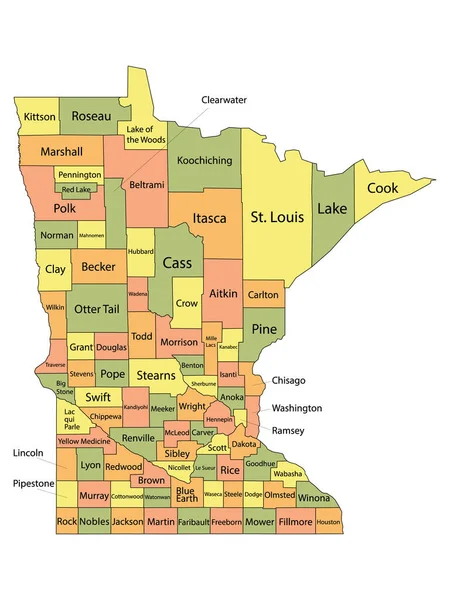 ミネソタ州の郡名を持つカラフルな郡地図 — ストックベクタ