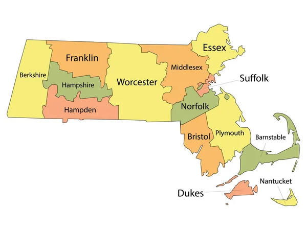 Abd Federal Eyaleti Massachusetts Renkli Lçe Haritası — Stok Vektör