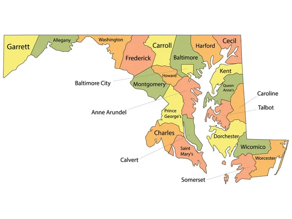 Colorful County Map Counties Names Federal State Maryland — Stock Vector