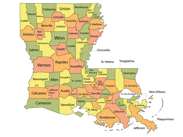 Färgglada Församlingskarta Med Församlingarna Namn Den Amerikanska Delstaten Louisiana — Stock vektor