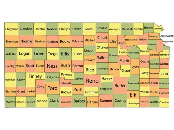 カンザス州の郡名を持つカラフルな郡地図 — ストックベクタ