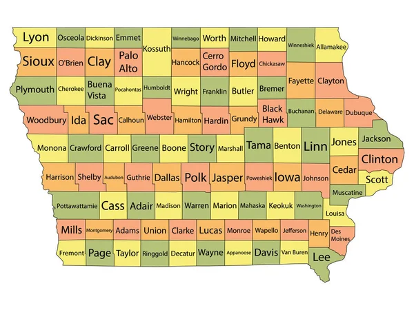 Barevná Mapa Hrabství Krajskými Názvy Federálního Státu Iowa — Stockový vektor