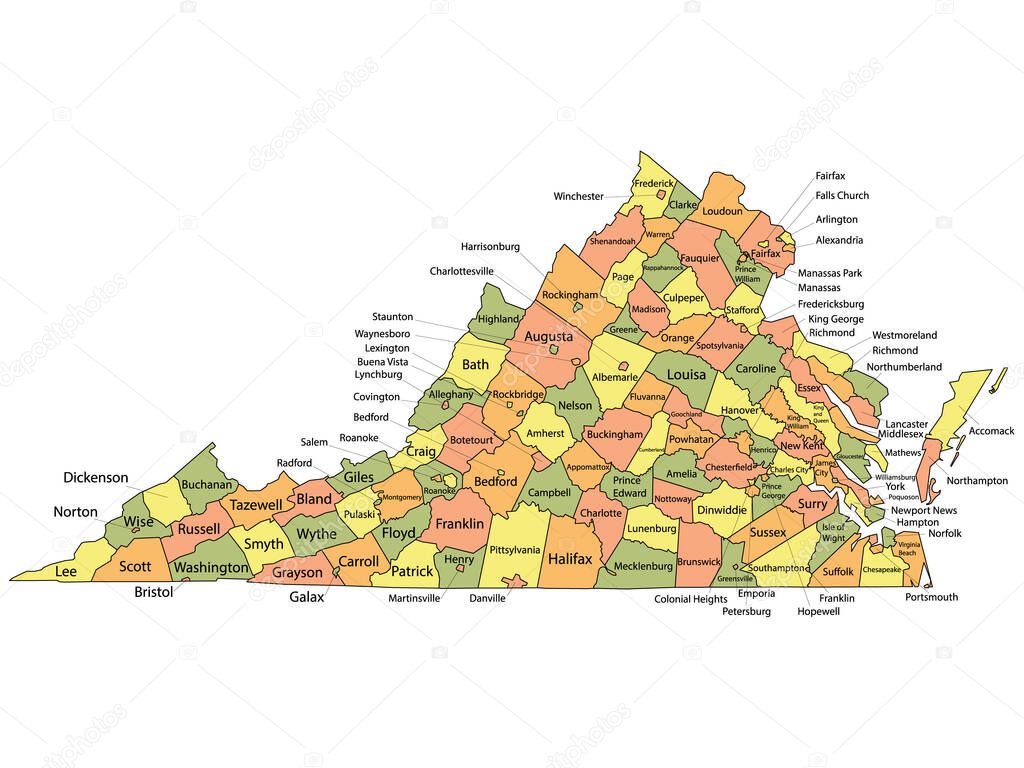 Colorful County Map With Counties Names of the US Federal State of Virginia