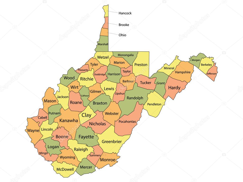 Colorful County Map With Counties Names of the US Federal State of West Virginia